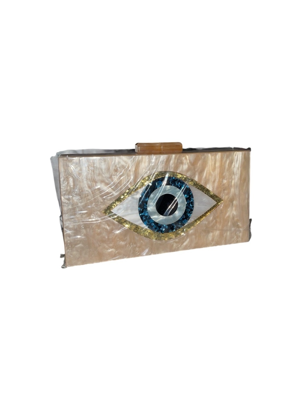CHAMPAGNE EVIL EYE PEARL ACRYLIC CLUTCH WITH BLUE JEWEL ACCENT